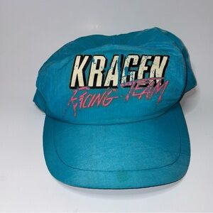 Vintage 1980s Kragen Racing Team Retro Nylon Snapback Cap Blue Pink Neon Retro